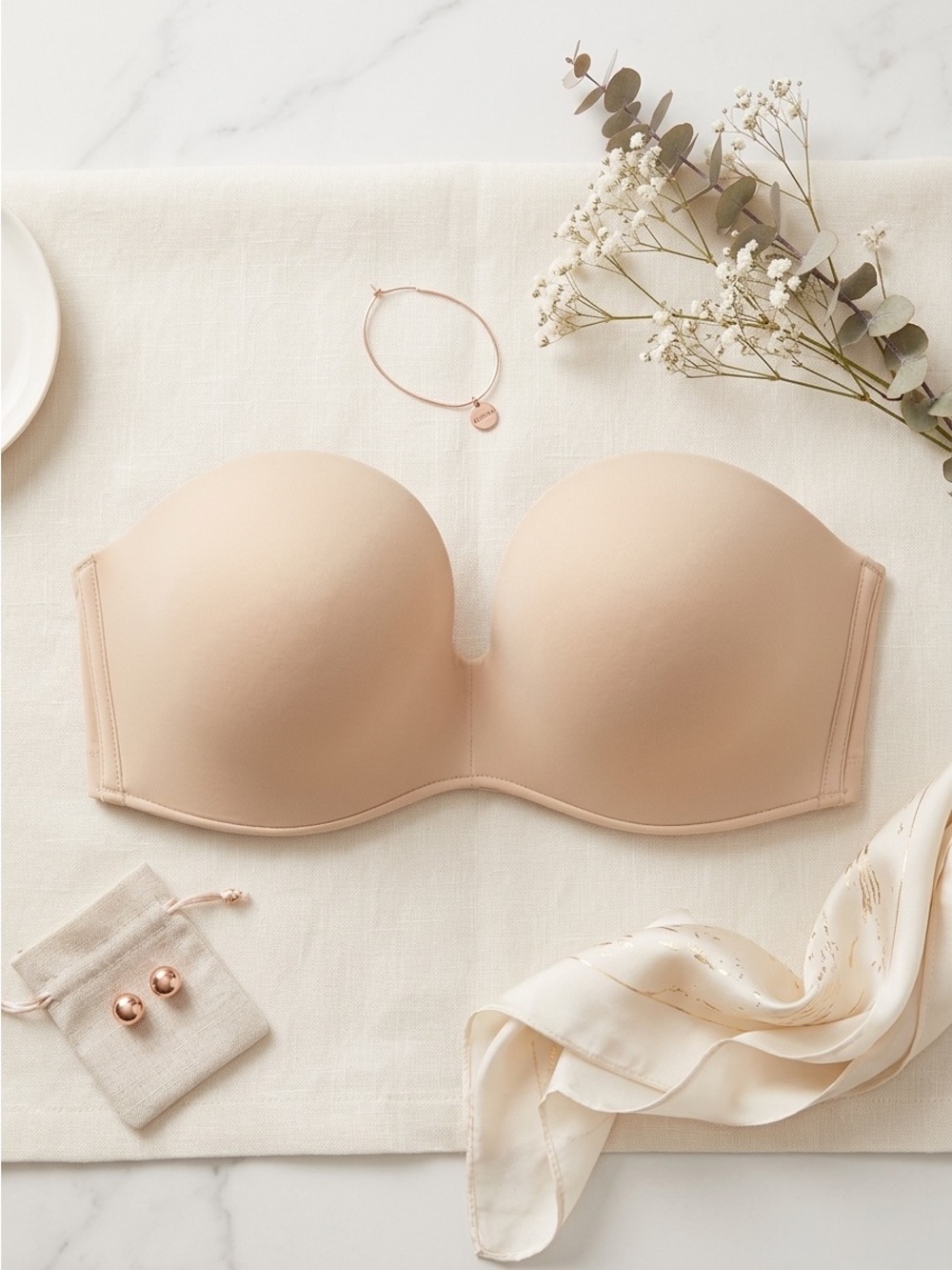 NWT Beige Strapless Plunge Push Up Bra Women's Size 36DD Back Mesh Anti Slip